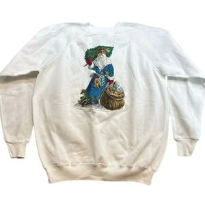 Vintage Santa Clause Ugly Christmas Holiday White‎ Cotton Sweatshirt Size Large